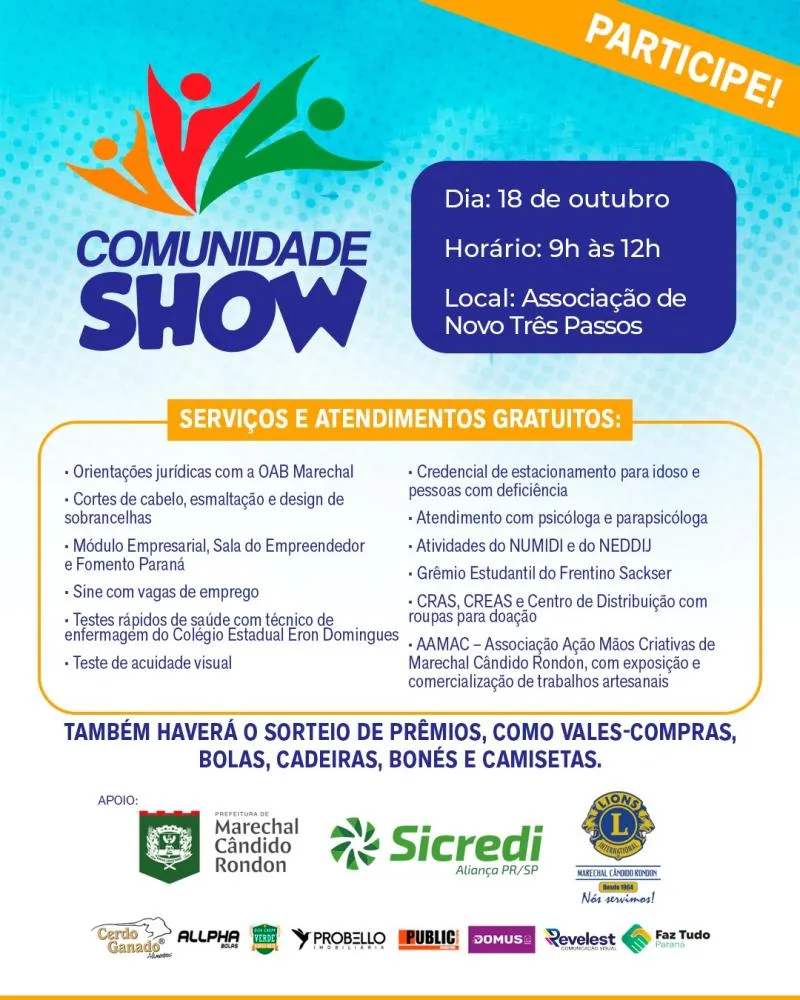 Comunidade show será realizado em Novo Três Passos no dia 18 de outubro