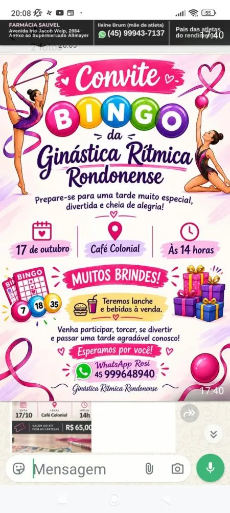 Bingo da ginástica rítmica rondonense será realizado no dia 17 de outubro
