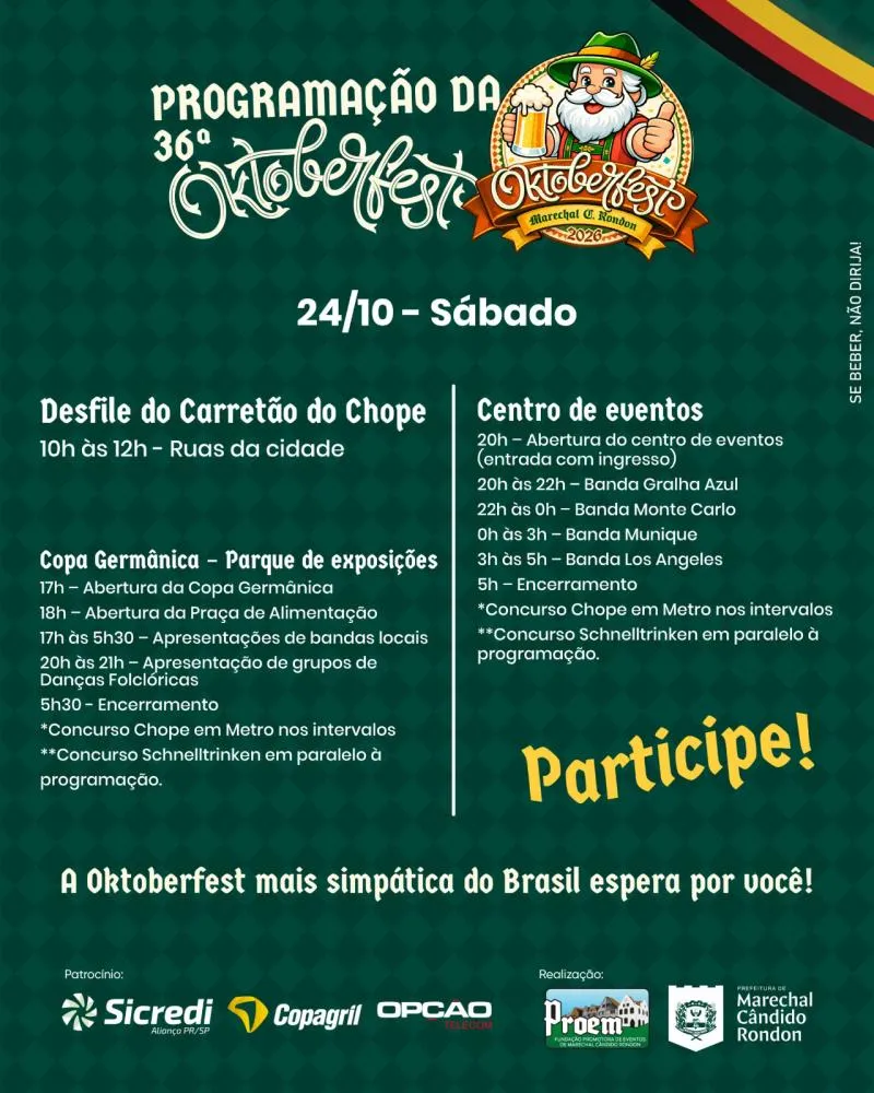 36ª Oktoberfest de Marechal Rondon tem desfile do carretão do chope, copa germânica e shows neste sábado