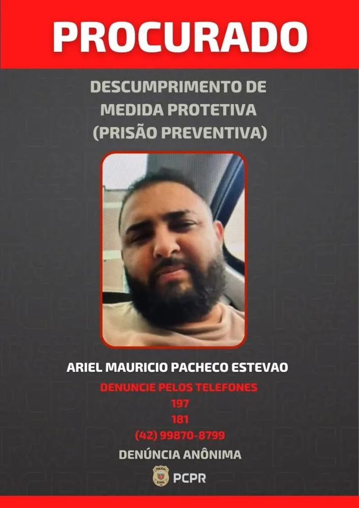 Polícia Civil procura homem de 29 anos investigado por violência doméstica e roubo em Irati